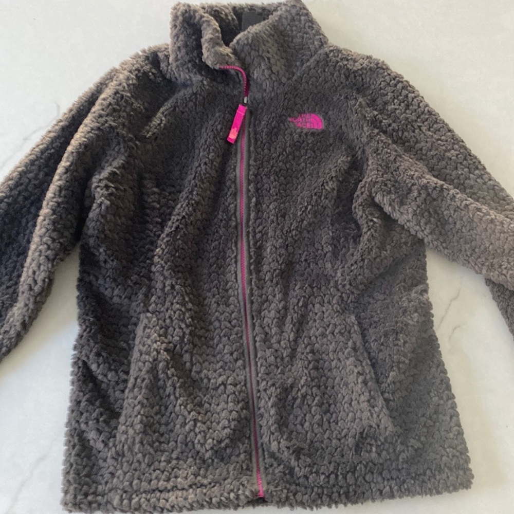 Grey fuzzy north face coat